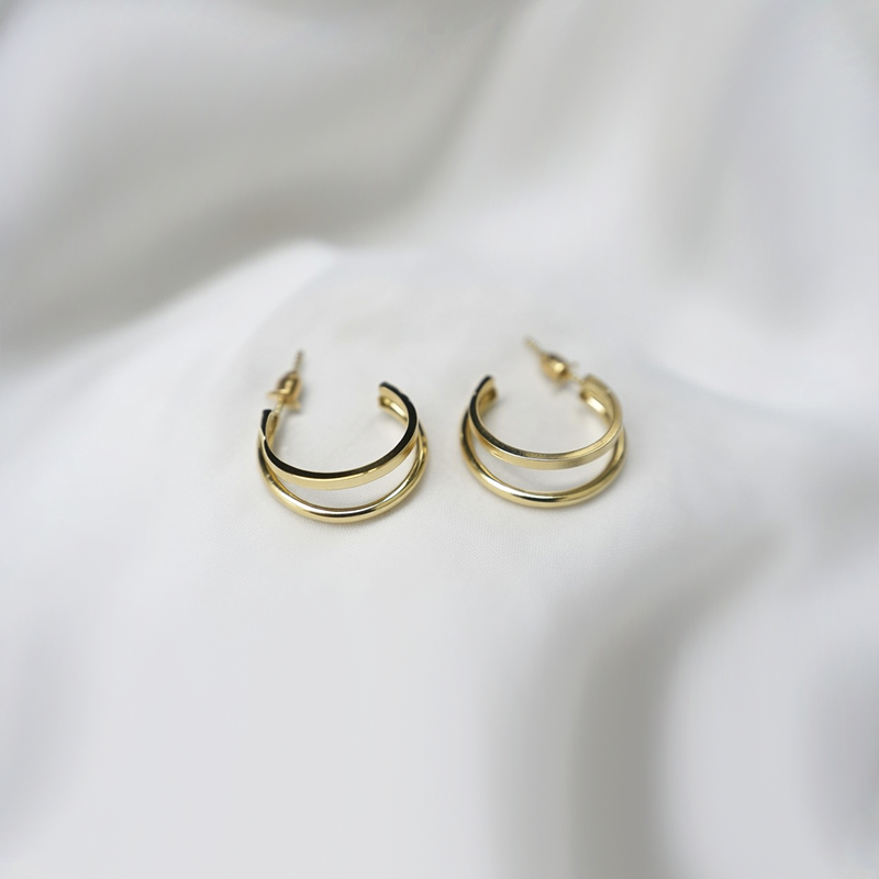 Gold Toned 3 Layers Half Hoop Earrings| Minimal Earrings For Girls
