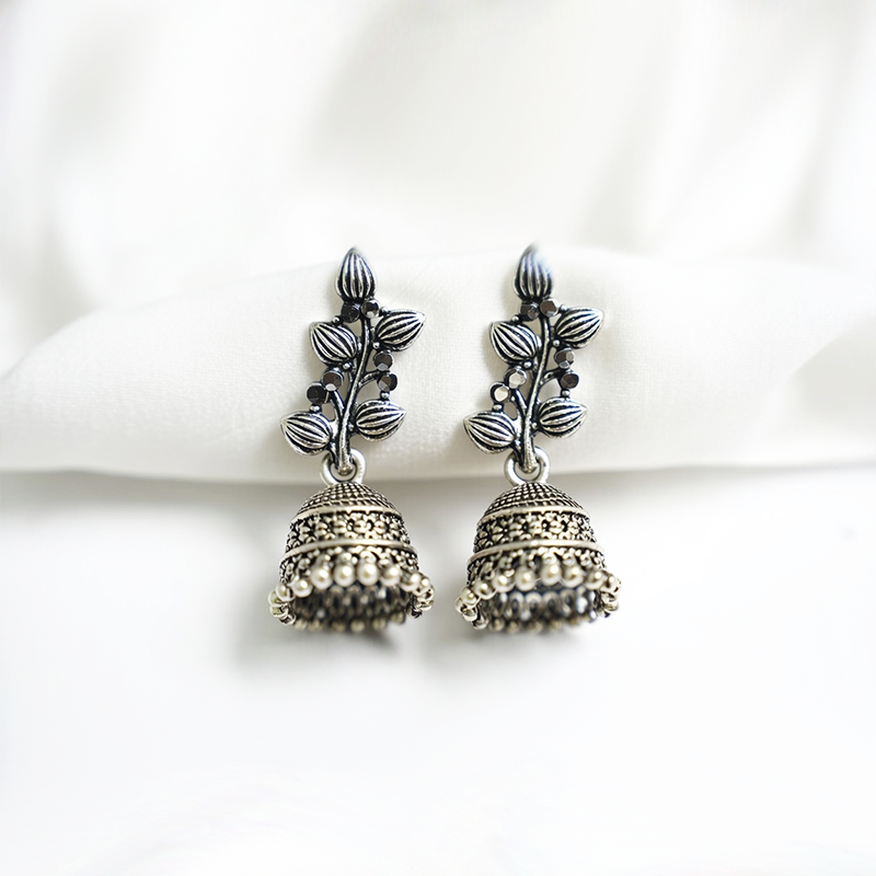 Traditional Oxidized Silver Jhumka Earrings With a Leaf Pattern & Beaded Detailing