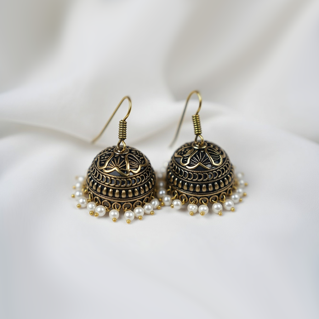 Oxidized Gold-Toned Jhumka Earrings With Pearl Bead Details| Simple Earrings For Girls