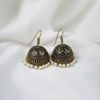 Oxidized Gold-Toned Jhumka Earrings With Pearl Bead Details| Simple Earrings For Girls