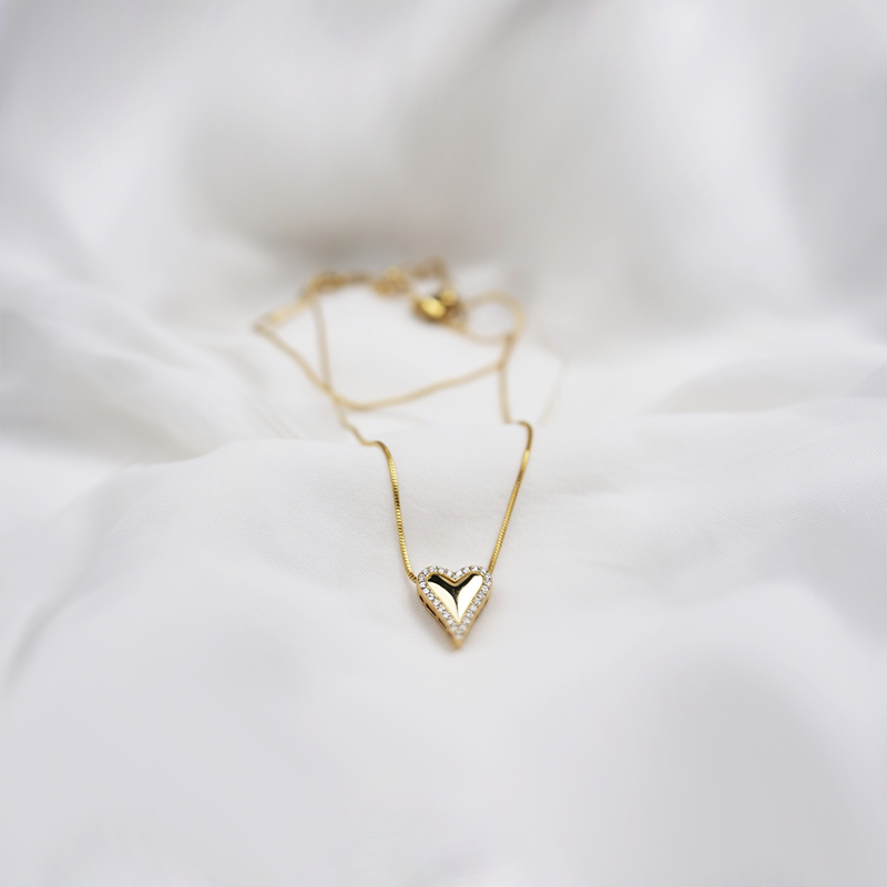 Pave Outlined Elongated Heart Pendant Necklace| Gold Tones Chain With Cubic Zirconia Stones