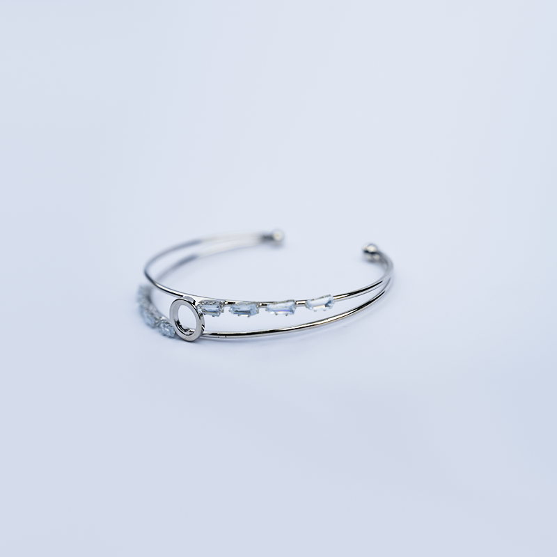 Double Band Open Cuff Bracelet| Clear Rectangular Baguette-Cut Stones| Central Open Circle Design| Lightweight Bracelet for women's