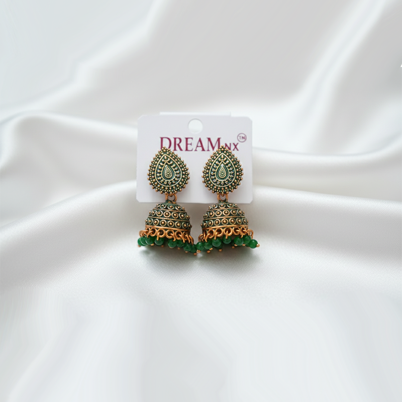 Gold-Plated Traditional Indian Jhumka Earrings| Antique Finish & Accents Color Earrings For Girls