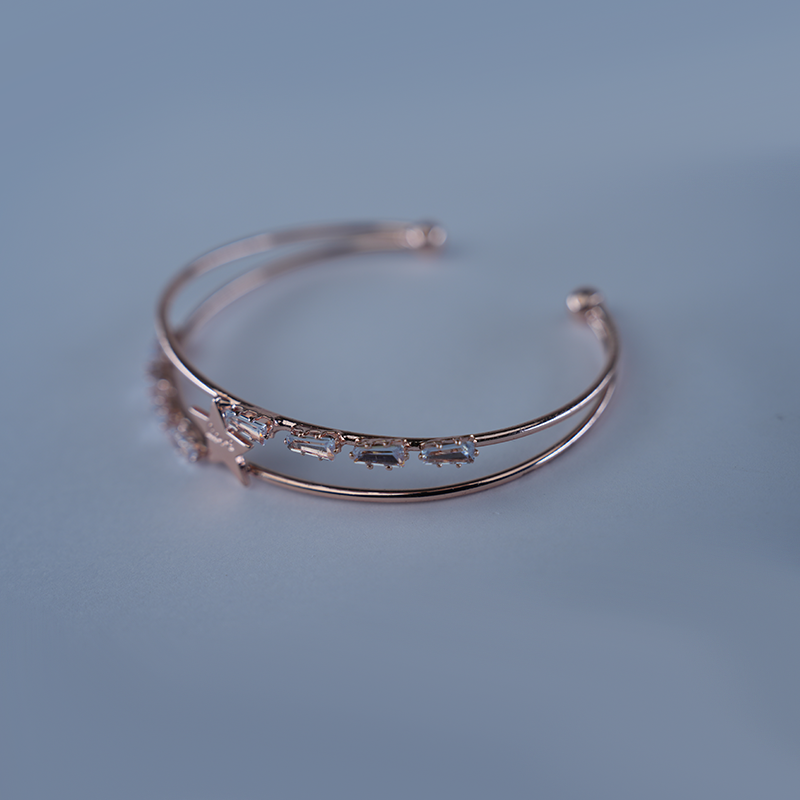 Double Band Star Open Cuff Bracelet| Rectangular-Cut Stone| Lightweight Bracelet for Women's