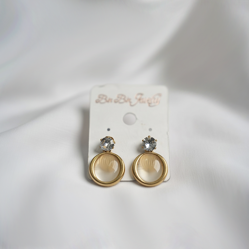 Gold Toned Drop Earrings With a Clear Round Drop & a Crystal Stud For Girls