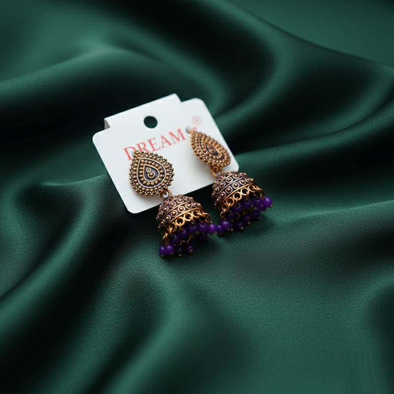Gold-Plated Traditional Indian Jhumka Earrings| Antique Finish & Accents Color Earrings For Girls