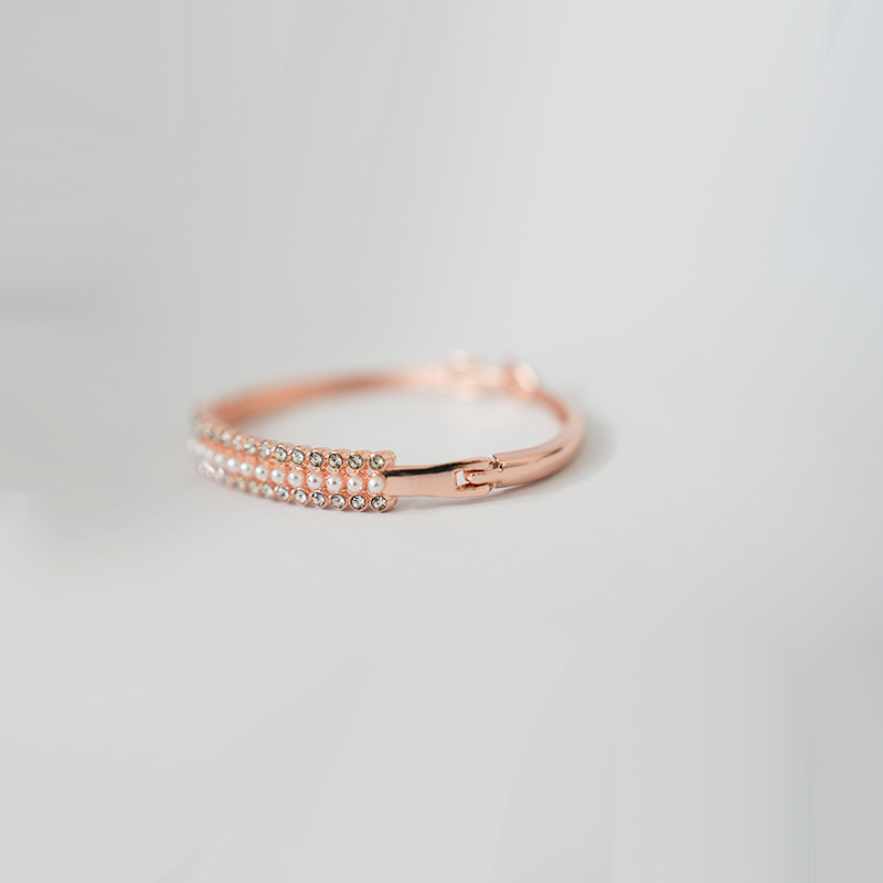 Rose Gold Toned Hinged Bangle Bracelet| Central Bar Design With Two Rows Of Small, Round, White Accents| Lightweight Bracelet For Women's & Girls