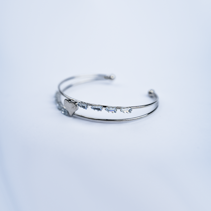 Double Band Open Cuff Bracelet With Heart Charm & Cubic Zirconia Stones| Lightweight bracelet for women's