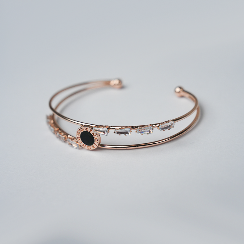 Roman Dial Open Cuff Bracelet| Black Enamel Motif & Clear Crystal Accents| Lightweight Bracelet for Women's