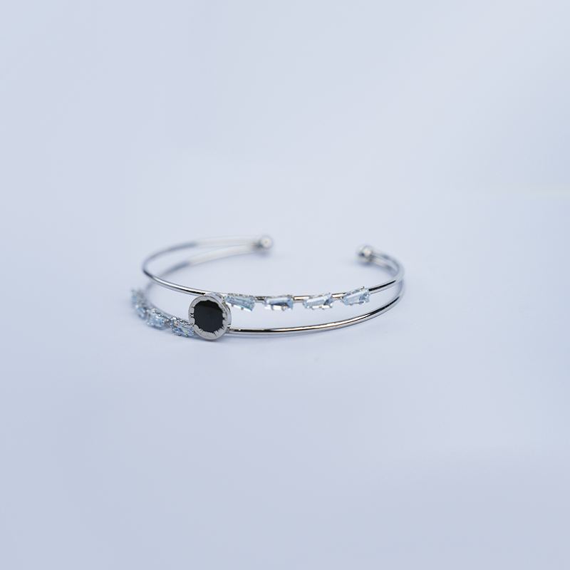 Roman Dial Open Cuff Bracelet| Black Enamel Motif & Clear Crystal Accents| Lightweight Bracelet for Women's