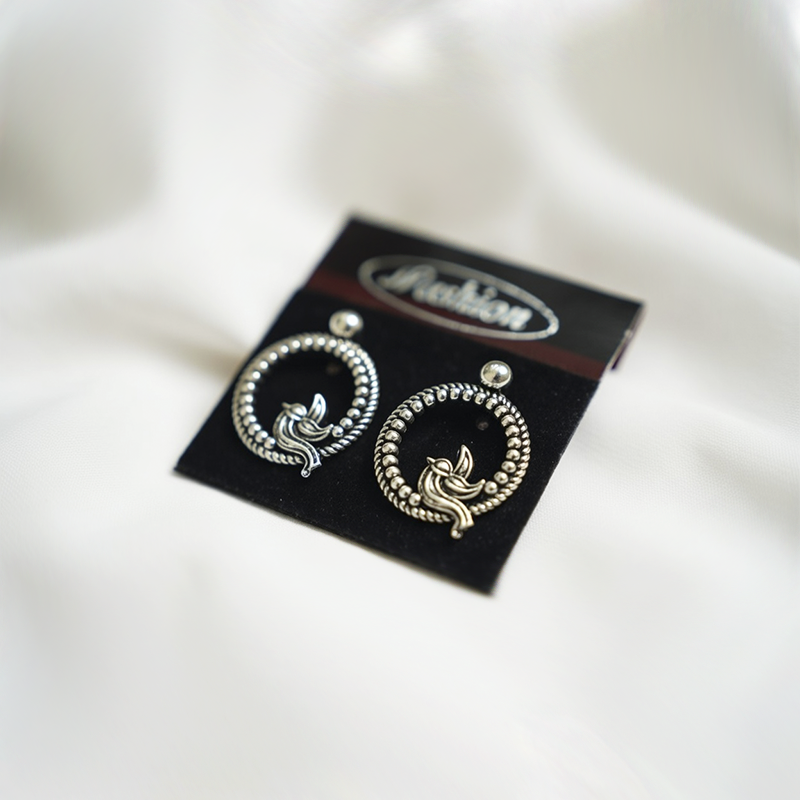 Oxidised Silver Bird Wreath Hoop Earrings| Circular Statement Studs| Nature Inspired Design For Girls