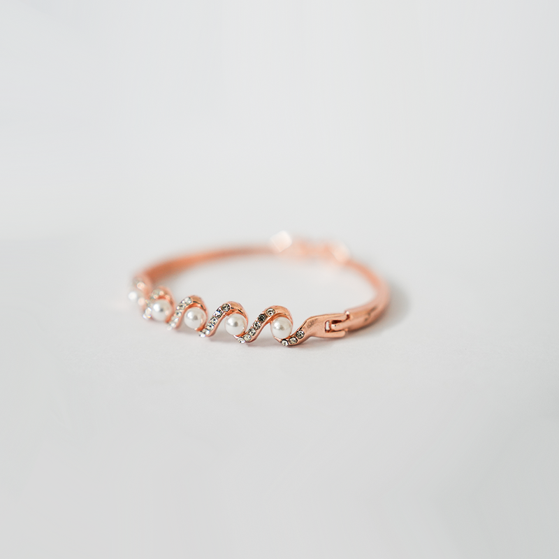 Rose Gold Toned Wavy Bangle Bracelet| Lustrous Pearls & Sparkling Clear Crystals| Lightweight Bangle For Women's