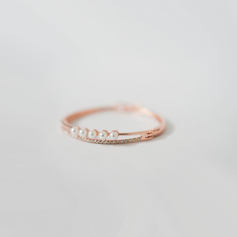 Rose Gold-Tone Finish Hinged Bangle Bracelet| Lustrous White Pearls & Sparkling Clear Crystals| Lightweight Bracelet For Women's & Girls