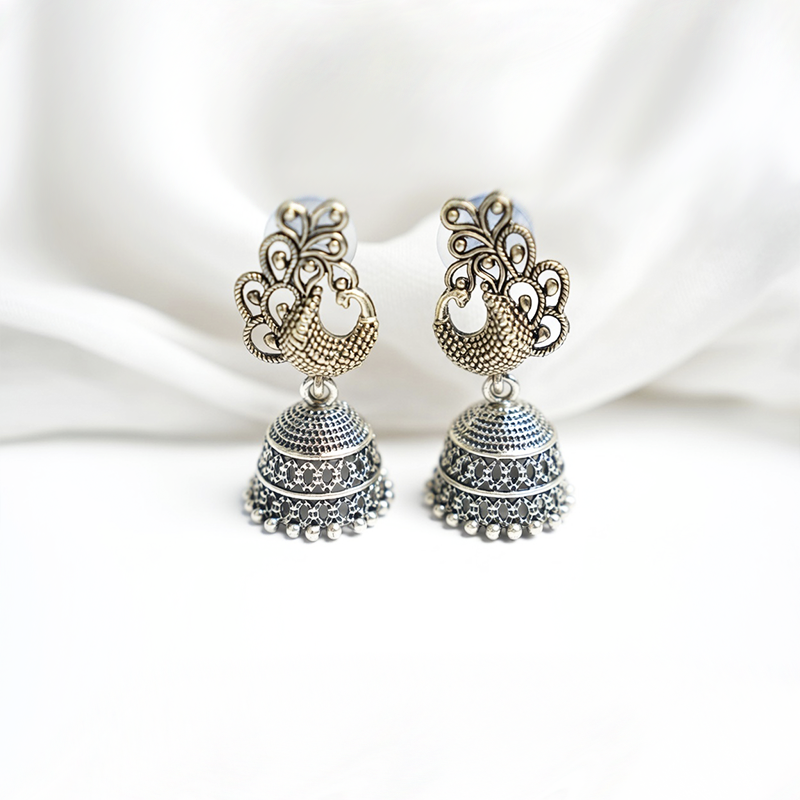 Traditional Oxidized Silver Peacock Motif Jhumka Earrings| Lightweight Earrings For Girls