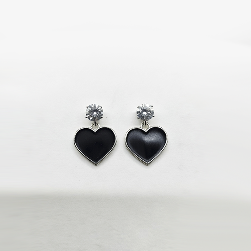 Silver-Toned Black Heart Shaped Stud With Cubic Zirconia Stones For Girls