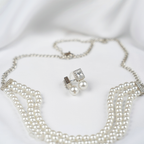 Elegant Silver-Toned Three-Strand Knotted White Pearl Necklace With Small Earrings