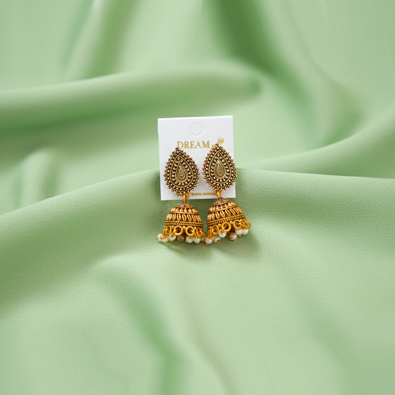 Gold-Plated Traditional Indian Jhumka Earrings| Antique Finish & Accents Color Earrings For Girls