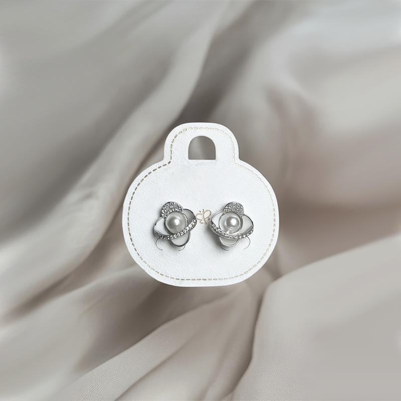 Silver Toned Flower Stud Earrings With Pearls & Cubic Zirconic Stones For Women's