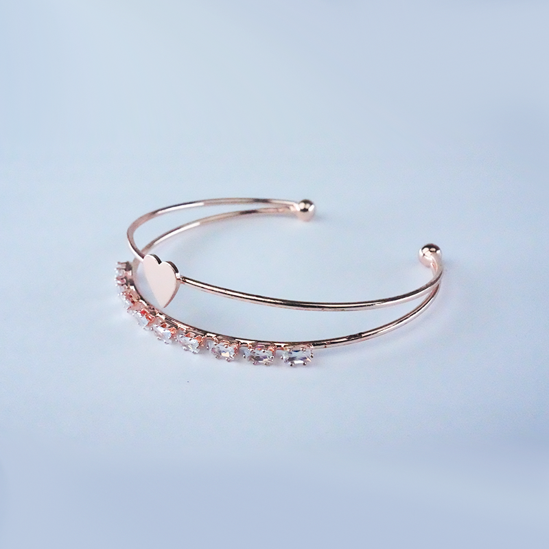 Double Band Open Cuff Bracelet With Heart Charm & Cubic Zirconia Stones| Lightweight bracelet for women's