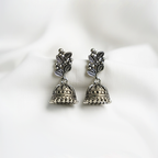 Traditional Oxidized Silver Plated Jhumka Earrings With Floral Leaf Stud Top & a Dome Shaped Drop With Bead Detailing