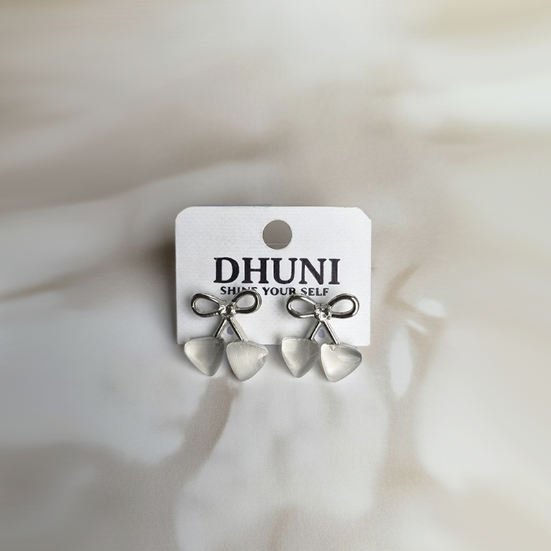 Silver Bow Stud Earrings With Milky White Stones| Lightweight Earrings For Girls