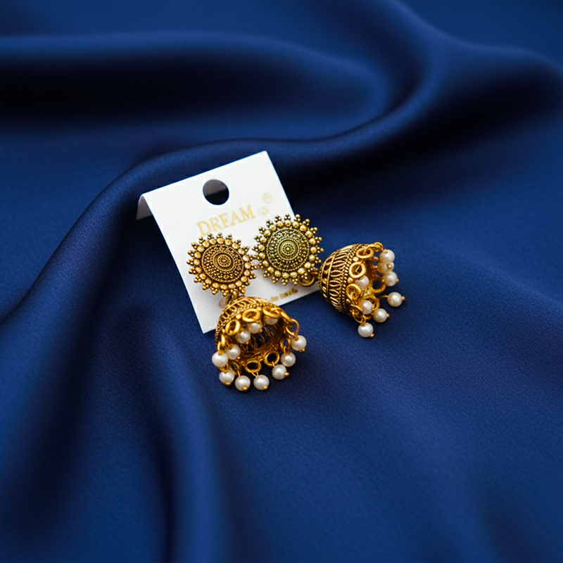 Gold-Plated Traditional Indian Jhumka Earrings| Antique Finish Earrings For Girls