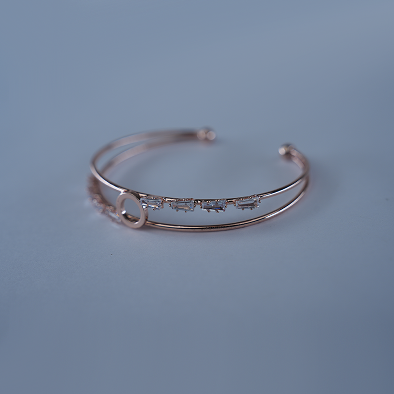 Double Band Open Cuff Bracelet| Clear Rectangular Baguette-Cut Stones| Central Open Circle Design| Lightweight Bracelet for women's