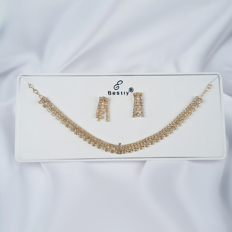 Gold-Toned Cubic Zirconia Stone Studded Choker Necklace Set with Matching Drop Earrings