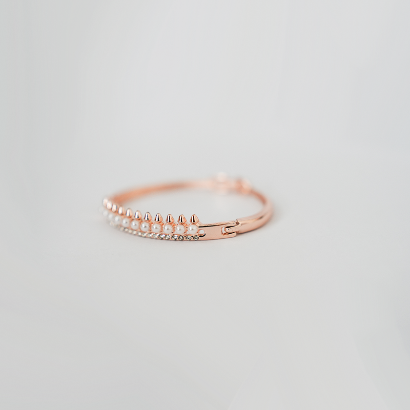 Rose Gold Toned Hinged Bangle Bracelet| Row Of Lustrous Pearls & Sparkling Cubic Zirconia| Lightweight Bangle Bracelet For Women's & Girls