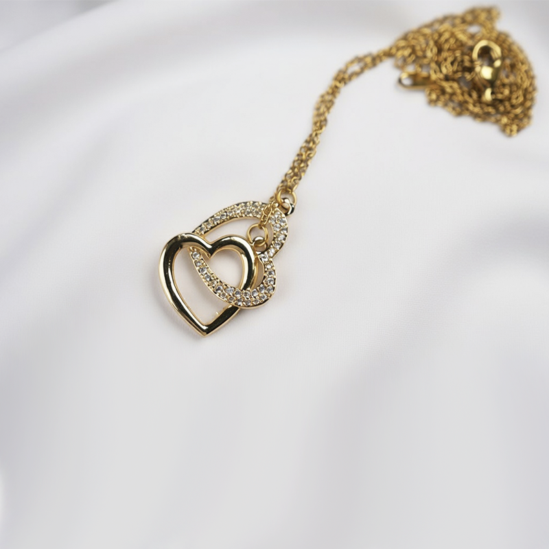 Gold-Plated Interlocking Double Heart Pendant Necklace With Cubic Zirconia Stones
