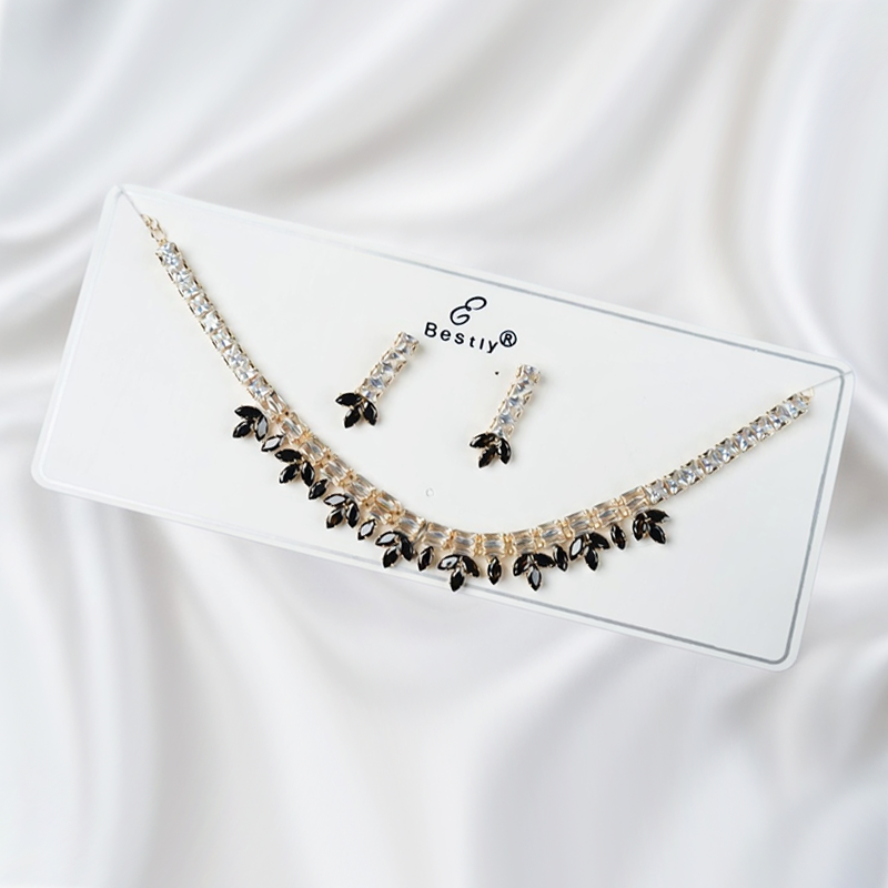 Gold-Toned Clear Stone Leaf Motif Jewellery Set| Floral Pattern Necklace & Matching Earrings For Girls