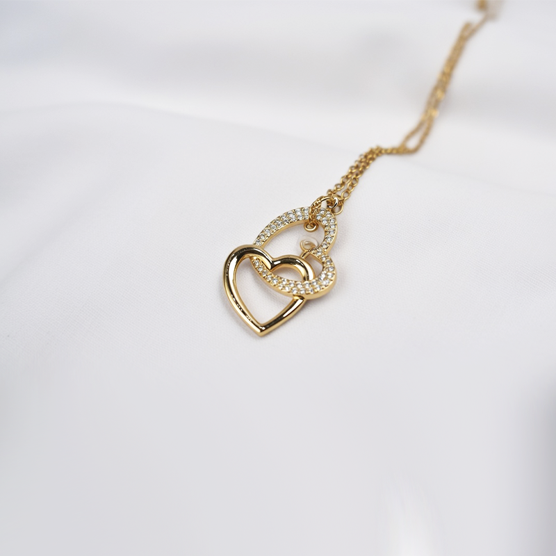 Gold-Plated Interlocking Double Heart Pendant Necklace With Cubic Zirconia Stones