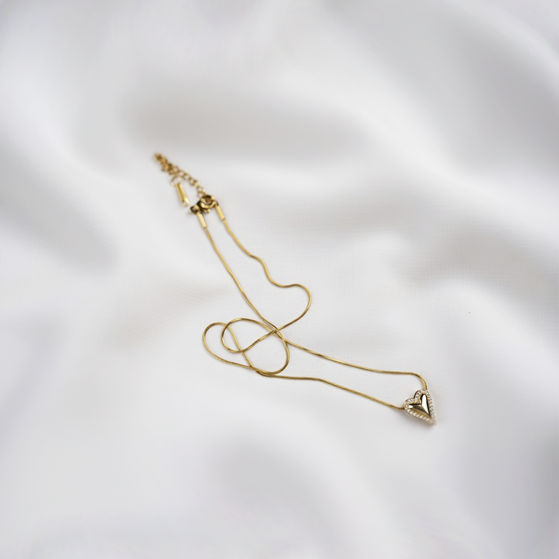 Pave Outlined Elongated Heart Pendant Necklace| Gold Tones Chain With Cubic Zirconia Stones