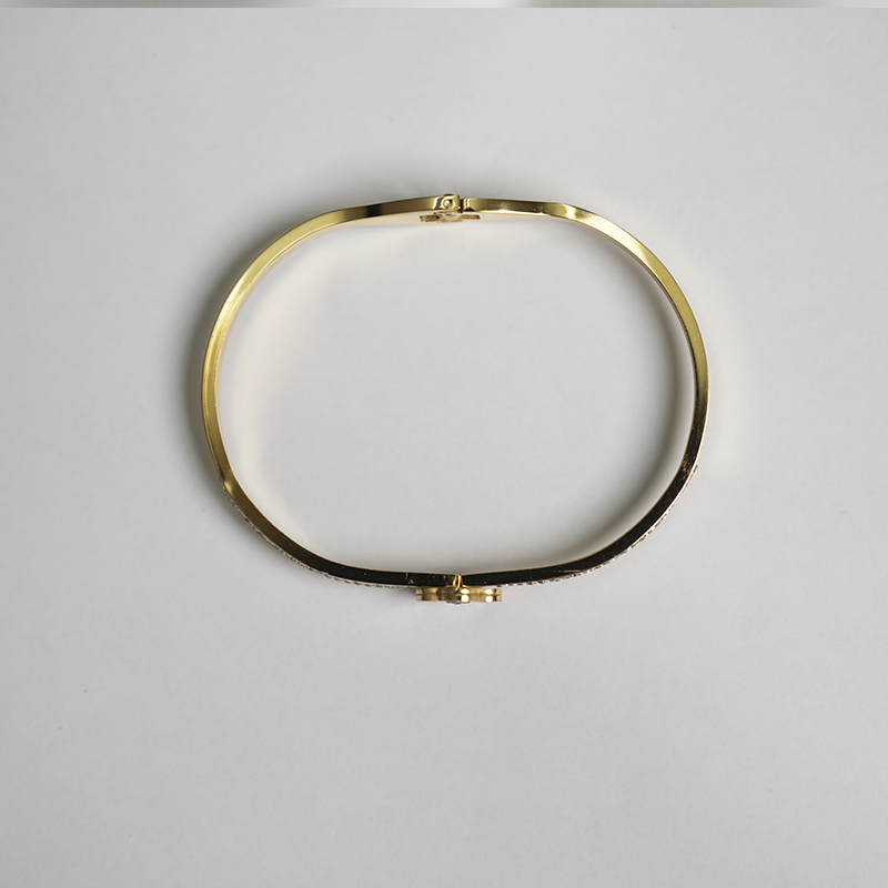 Anti-Tarnish Gold Plated Stainless Steel Bangle With a White Mother of Pearl Clover Flower & Rhinestone Clamp Bangle Bracelet