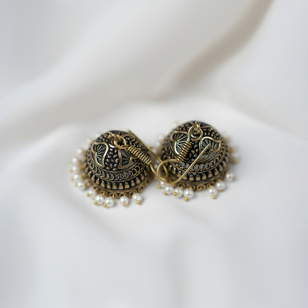 Oxidized Gold-Toned Jhumka Earrings With Pearl Bead Details| Simple Earrings For Girls