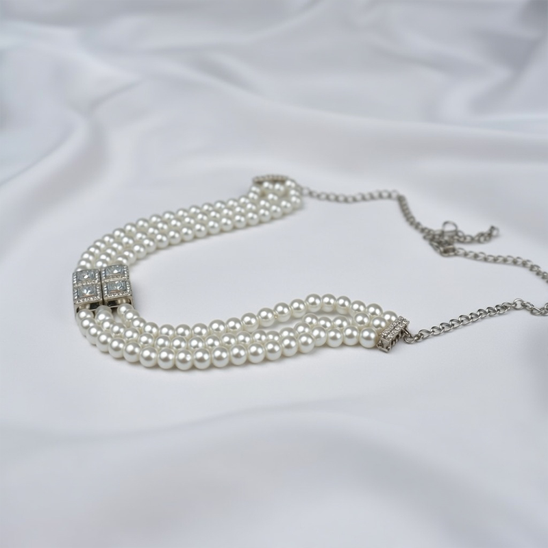 Elegant Silver-Toned Three-Strand Knotted White Pearl Necklace With Small Earrings