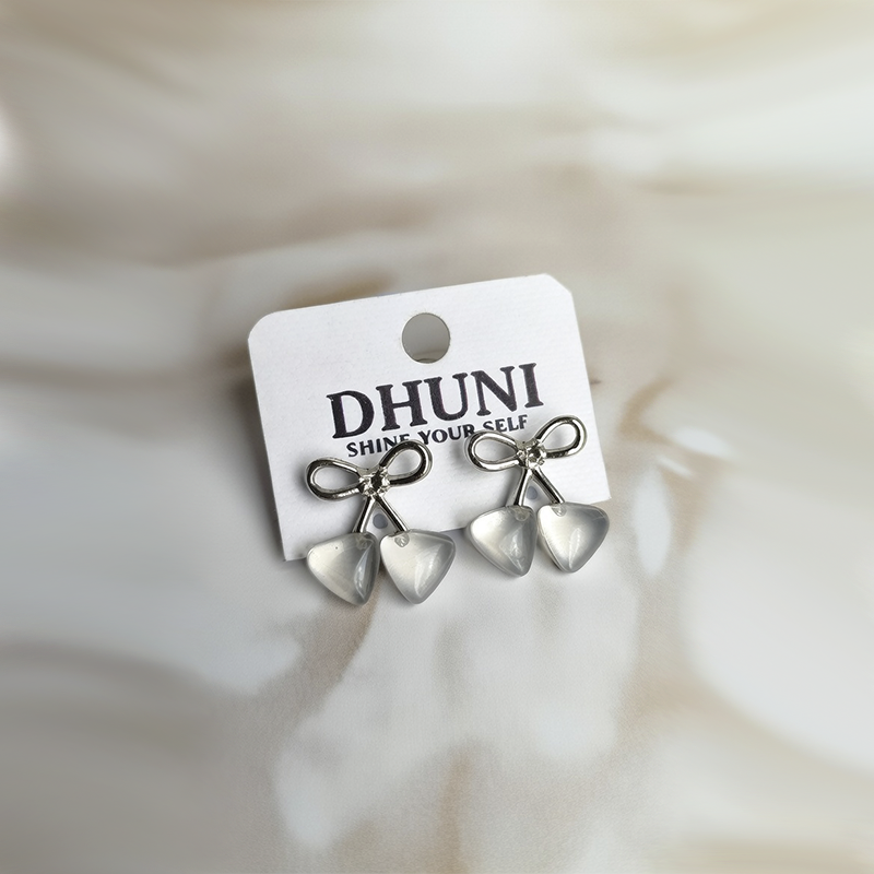 Silver Bow Stud Earrings With Milky White Stones| Lightweight Earrings For Girls