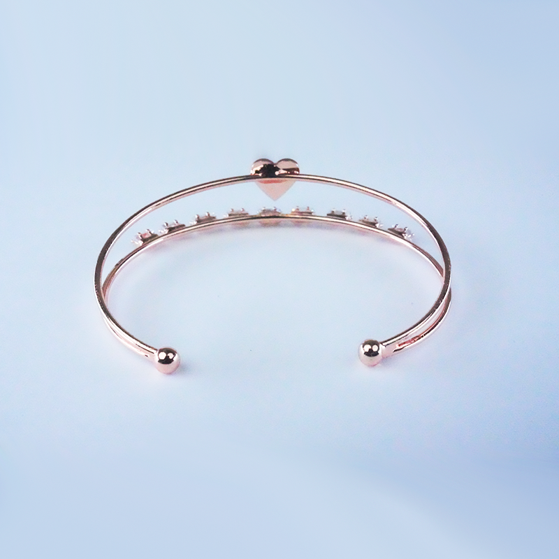 Double Band Open Cuff Bracelet With Heart Charm & Cubic Zirconia Stones| Lightweight bracelet for women's