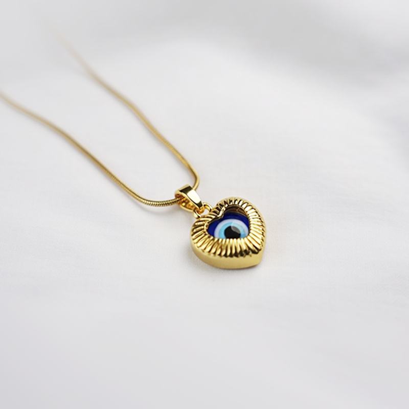 Gold Plated Heart Shaped Evil Eye Pendant| Simple Chain For Girls
