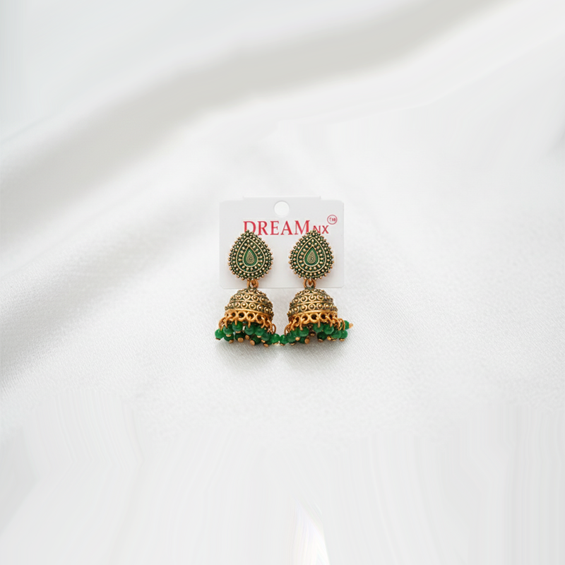 Gold-Plated Traditional Indian Jhumka Earrings| Antique Finish & Accents Color Earrings For Girls