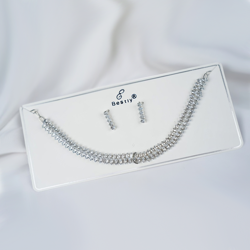 Silver Plated Cubic Zirconia Stone Studded Choker Necklace & Earrings Set For Girls