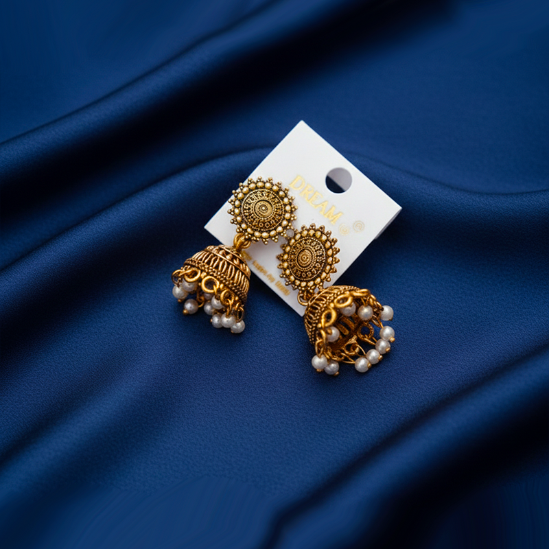 Gold-Plated Traditional Indian Jhumka Earrings| Antique Finish Earrings For Girls