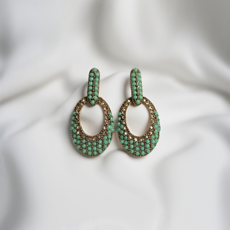 Traditional Gold-Plated Mint Green Stone & Crystal Dangler Earrings for Women
