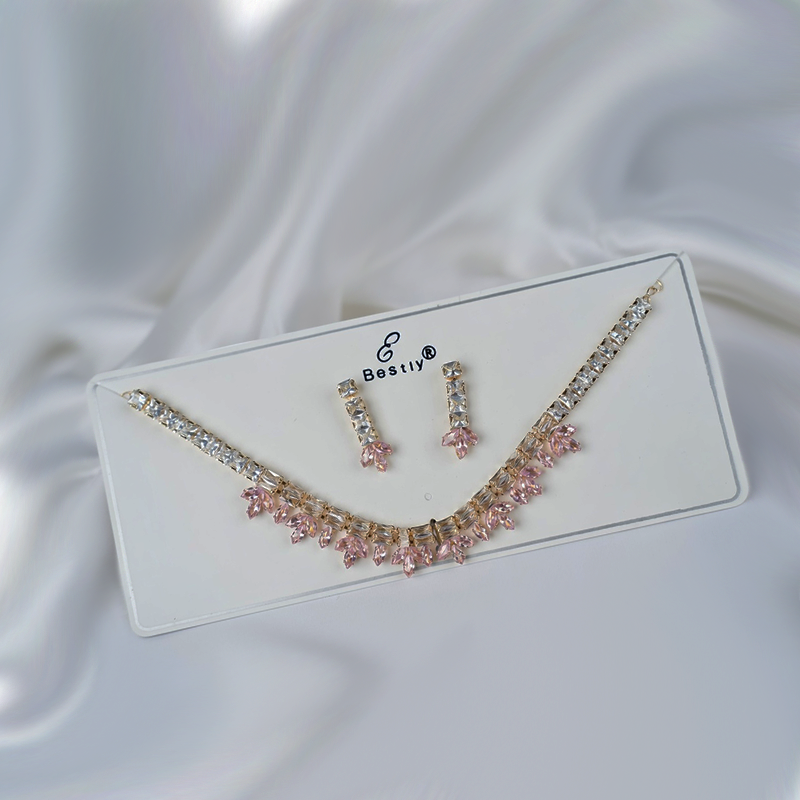 Gold-Toned Clear Stone Leaf Motif Jewellery Set| Floral Pattern Necklace & Matching Earrings For Girls