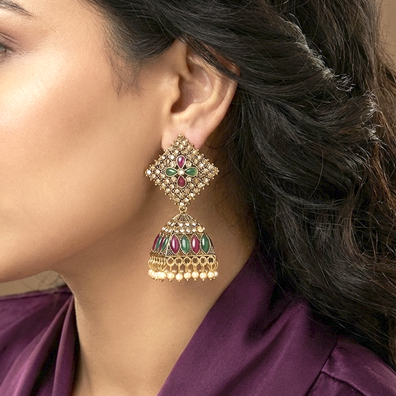 Traditional Gold-Plated Jhumka Earrings| Green & Maroon Enamel Work| Lightweight Jhumka For Girls