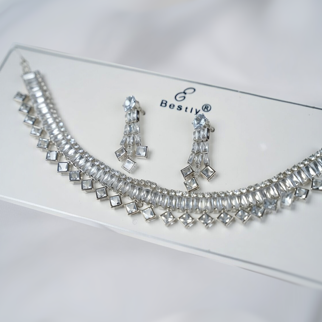Elegant Silver-Toned White American Diamond Choker Necklace and Earring Set for Women