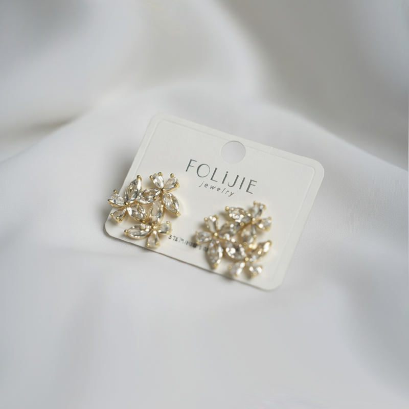 Gold-Toned Crystal Flower Stud Earrings| Triple-Flower Cluster Earrings For Girls
