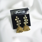 Traditional Antique Gold Toned Floral Studded Jhumka Earrings With Crystal Accents