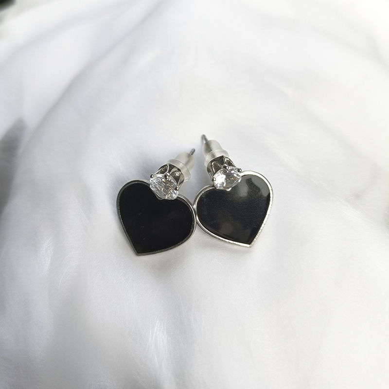 Silver-Toned Black Heart Shaped Stud With Cubic Zirconia Stones For Girls