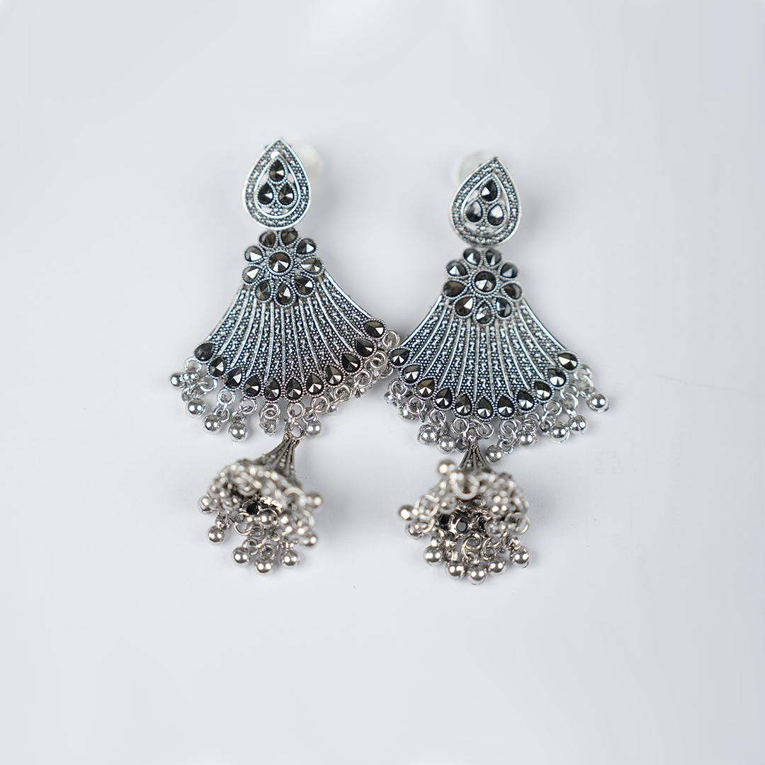 Traditional Oxidized Silver-Toned Black Stone Jhumka Dangler Earring| Elegant Earrings For Girls